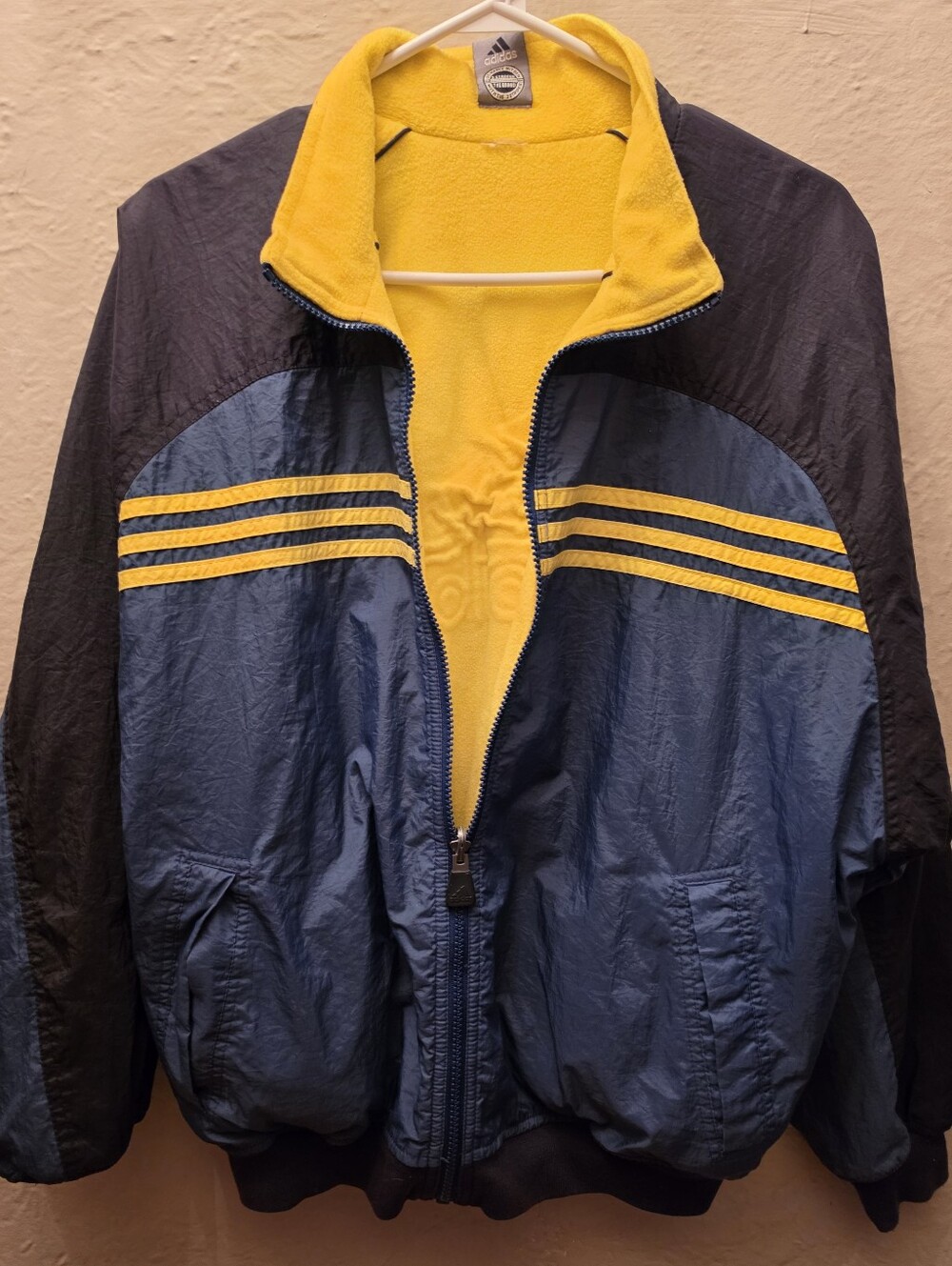 Adidas 3 Stripes Vintage Windbreaker Jacket Navy Yellow Oversized Retro
